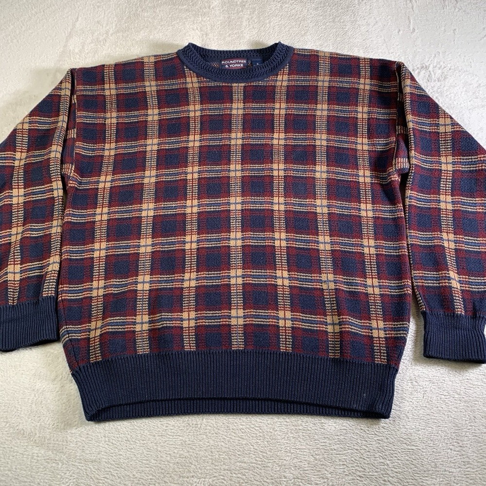 Vintage 90s Roundtree & Yorke XL Plaid Knit Sweater Red Blue Tan Cotton Crewneck